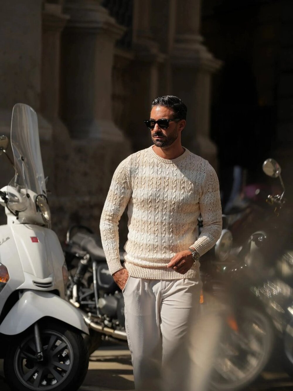 Donato Cream/White Cable Knit Stripe Cotton Sweater